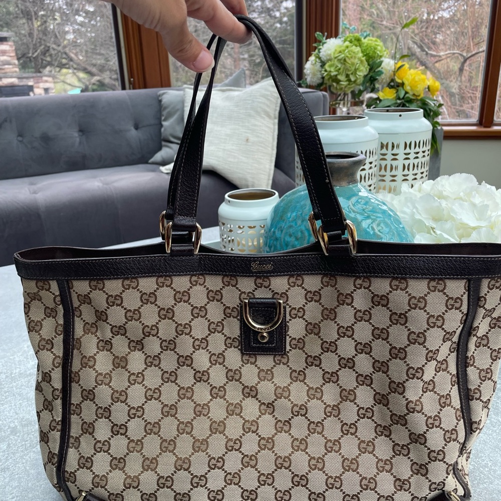 Gucci Beige Brown GG Supreme Canvas Tote with Dark Brown Leather Trim